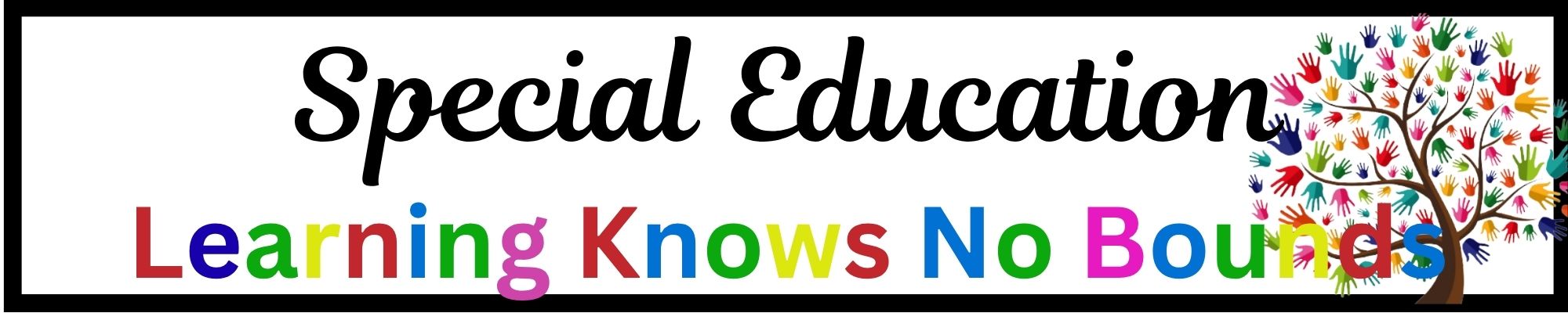 A banner with the text 'Special Education' in black script and 'Learning Knows No Bounds' in colorful letters below.